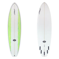 Two surfboards, one with green accents and the other white with black fins, on a white background.