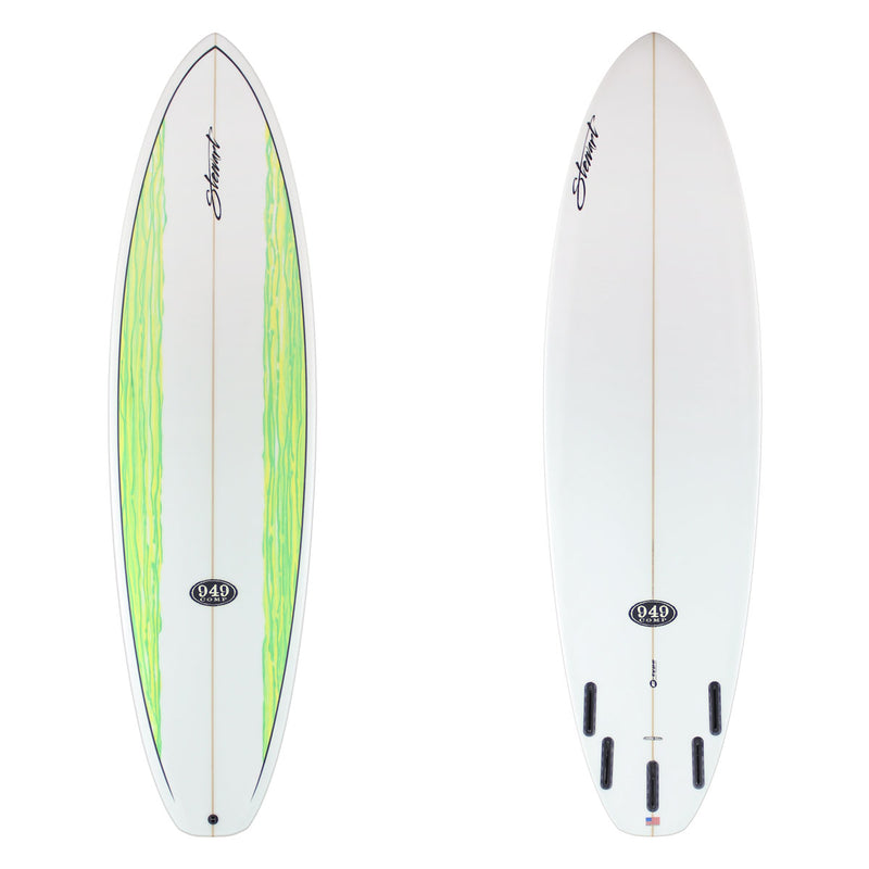 Two surfboards, one with green accents and the other white with black fins, on a white background.