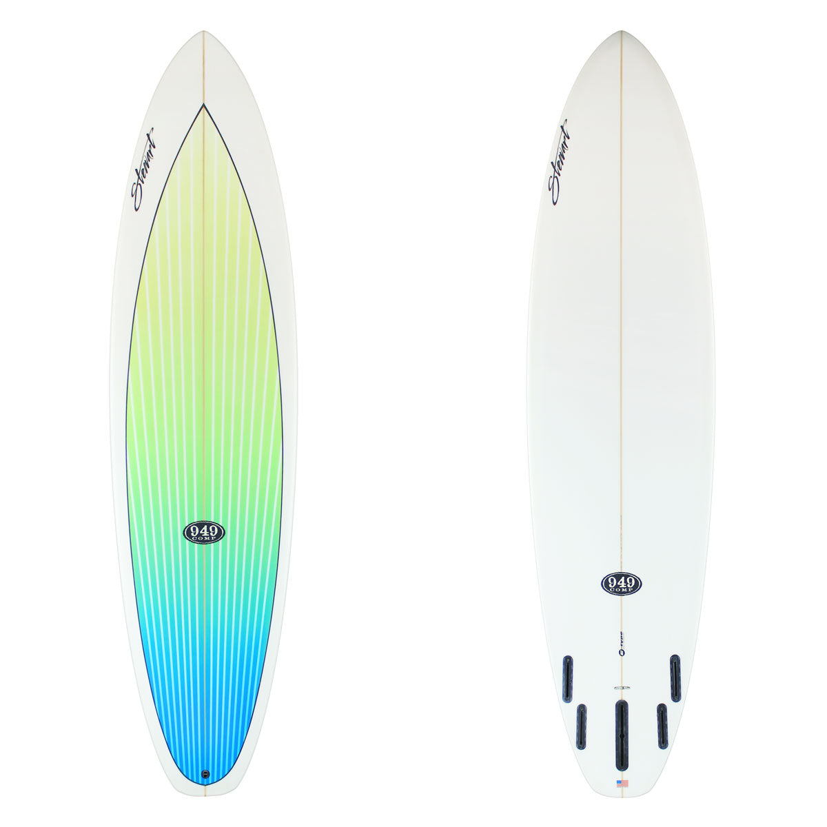 Two images of a stewart (94)C with a yelow to blue fade on the deck and a white bottom. There is black brandng
