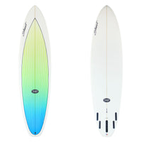 Two images of a stewart (94)C with a yelow to blue fade on the deck and a white bottom. There is black brandng