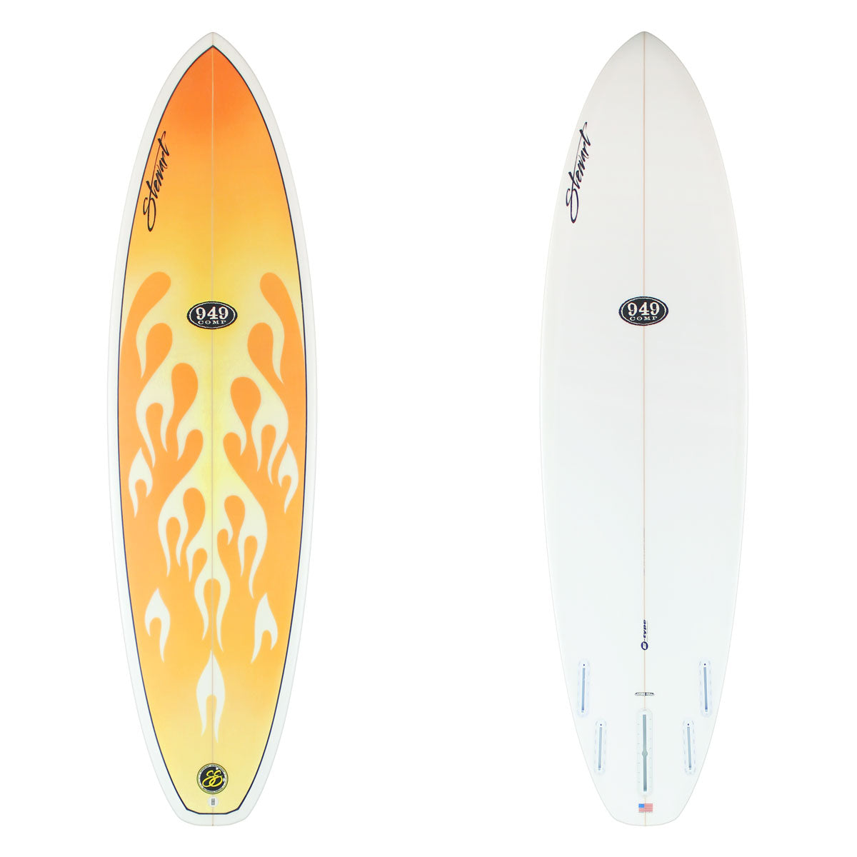 Two surfboards shown side by side on a white background, displaying the top and bottom views. The left surfboard features a vibrant yellow-to-orange flame graphic with white details, and the right surfboard is solid white with a central line and small blue fin accents.
