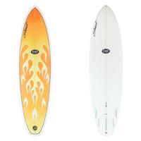 Two surfboards shown side by side on a white background, displaying the top and bottom views. The left surfboard features a vibrant yellow-to-orange flame graphic with white details, and the right surfboard is solid white with a central line and small blue fin accents.