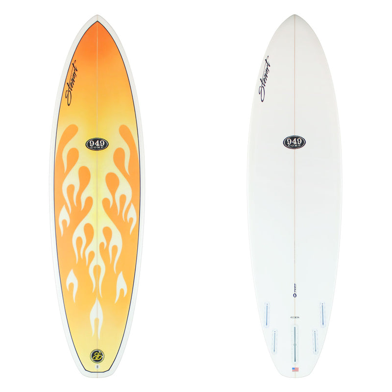 Two surfboards shown side by side on a white background, displaying the top and bottom views. The left surfboard features a vibrant yellow-to-orange flame graphic with white details, and the right surfboard is solid white with a central line and small blue fin accents.