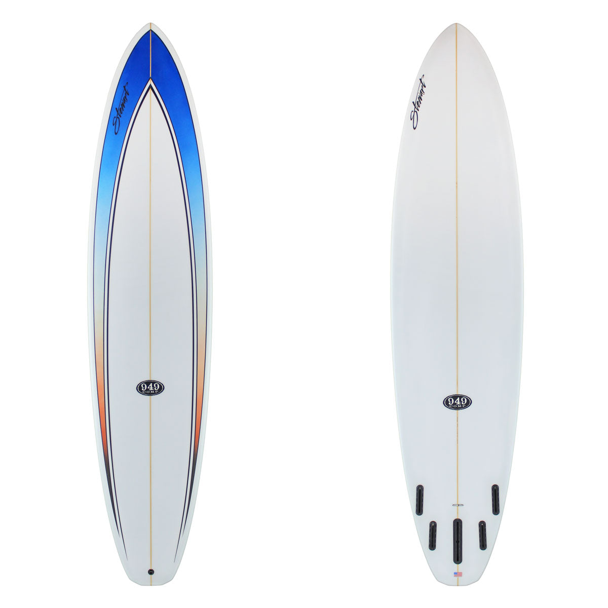Stewart Mid-Length 8'6" 949-Comp (8'6", 23", 3") B#129205 with a blue to red spear fade on the deck