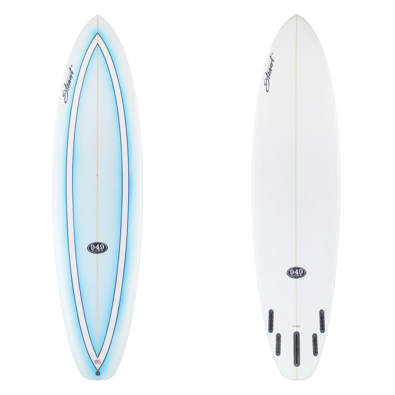 Stewart Mid-Length 7'6" 949-Comp (7'6", 22 1/2", 2 7/8") B#129392 with a blue fade panel on the deck with black in line work