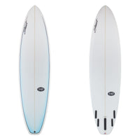 Stewart Mid-Length 7'6" 949-Comp (7'6", 22 1/2", 2 7/8") B#129512 with a light blue fade on the deck with a black pin line