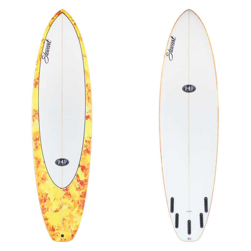 Two surfboards, one with a yellow flame pattern and the other white with black text, on a white background.
