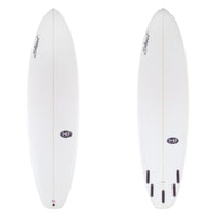 Two white surfboards with branding on a white background