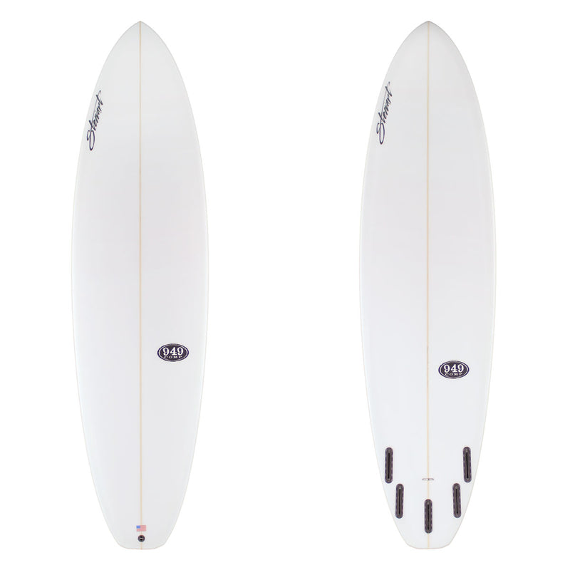 Two white surfboards with branding on a white background