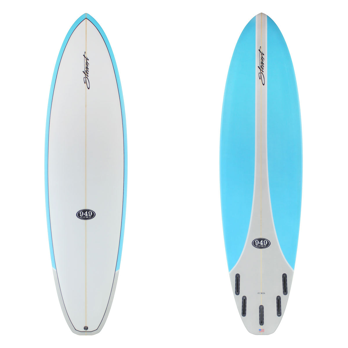 two surfboard images. the top has blue and gray rails with black branding.the bottom has blue rail spears and a gray tail with black branding.
