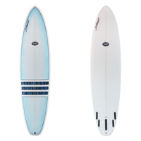 Two surfboard images. The top has a blue fade with dark horizontal stripes.the bottom is white. There is black branding.