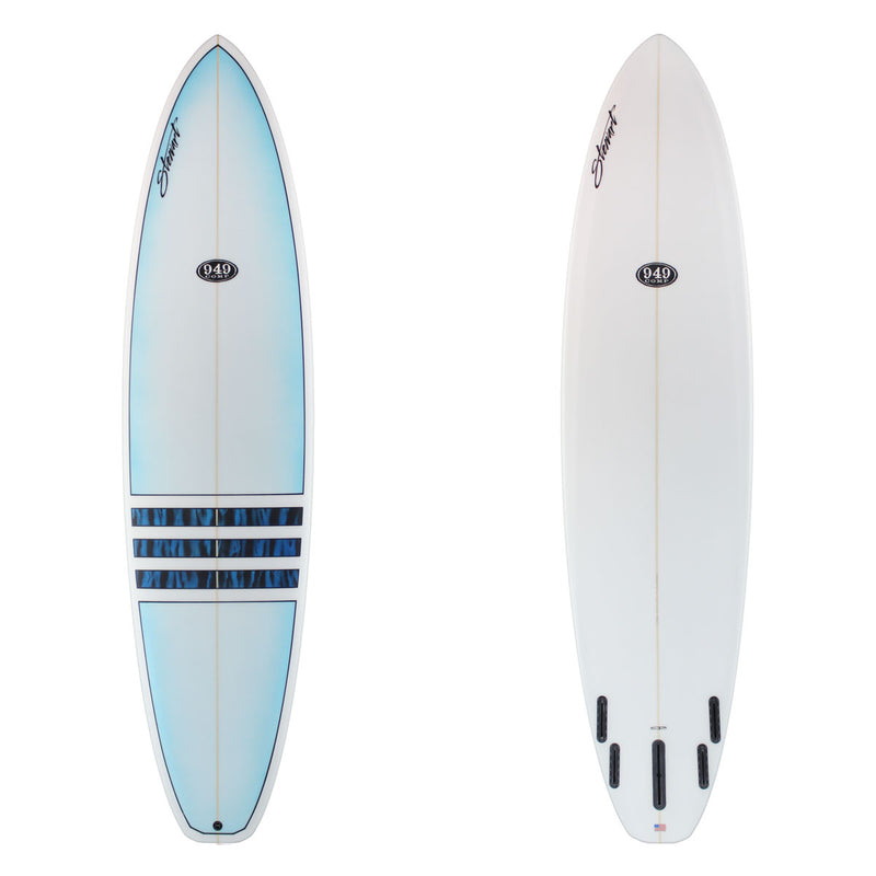 Two surfboard images. The top has a blue fade with dark horizontal stripes.the bottom is white. There is black branding.