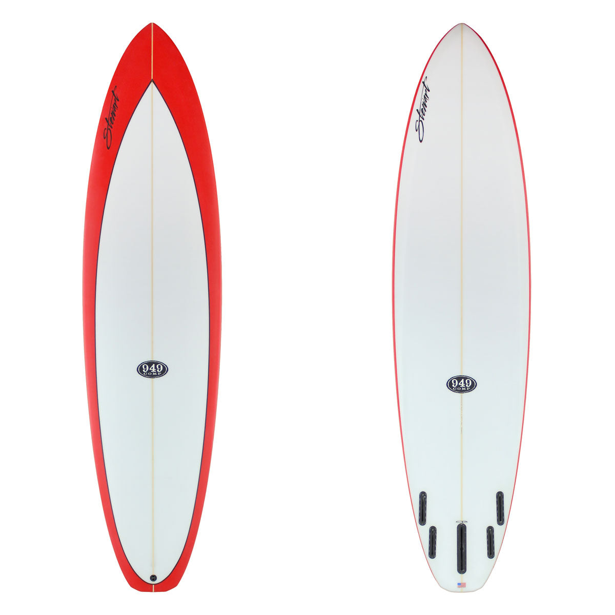 two images of surfboard with red arrows on the deck and awhite bottom with black branding