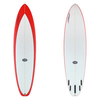 two images of surfboard with red arrows on the deck and awhite bottom with black branding