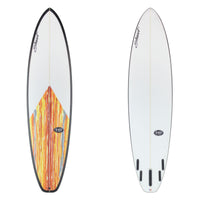Stewart Mid-Length 7'6" 949-Comp (7'6", 22 1/2", 2 7/8") B#129871 with black rails and a multi colored half panel on the deck