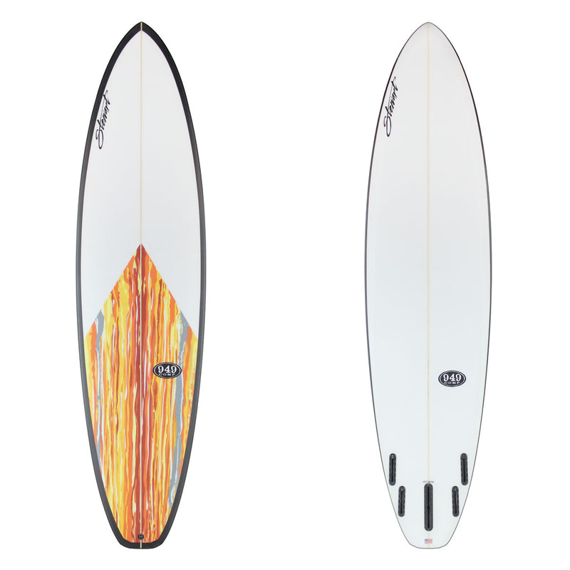 Stewart Mid-Length 7'6" 949-Comp (7'6", 22 1/2", 2 7/8") B#129871 with black rails and a multi colored half panel on the deck