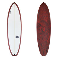 Stewart Midlength 7'0" 949-Comp (7'0", 22", 2 3/4") B#130053 Black and red resin swirl on bottom of board to wrapped rails. Clear deck. Black logos. Sand Only.