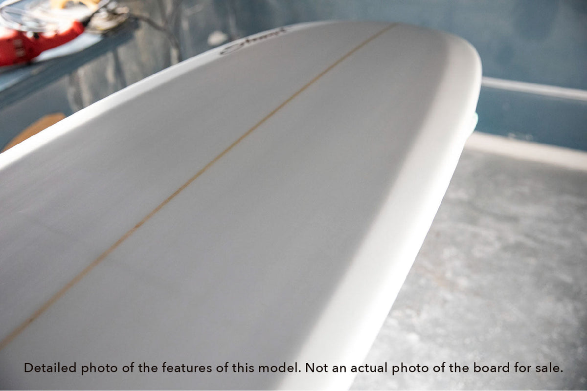 detail view of the rail of a Stewart 949 midlength surfboard