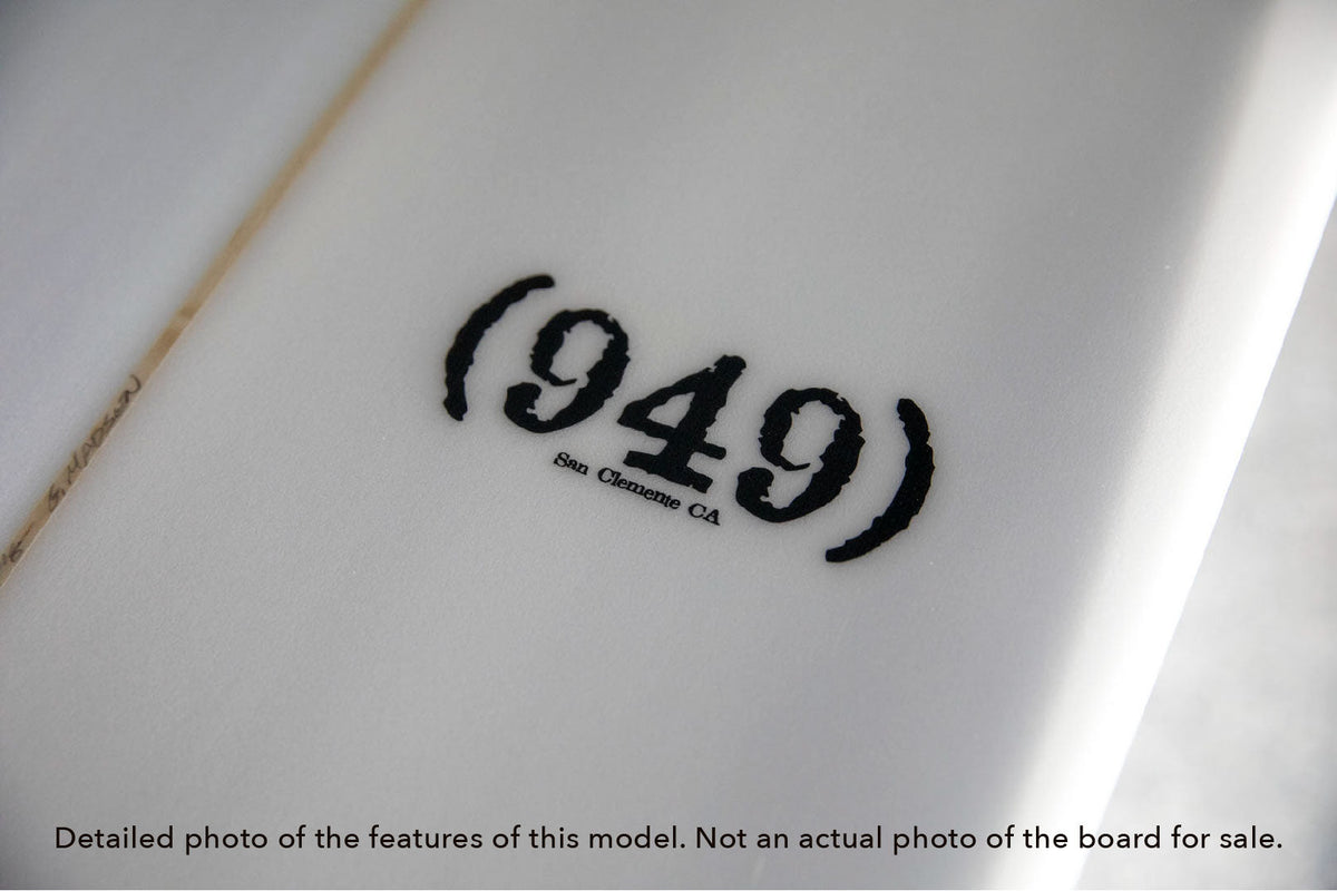 detail view of the logo of a Stewart 949 midlength surfboard