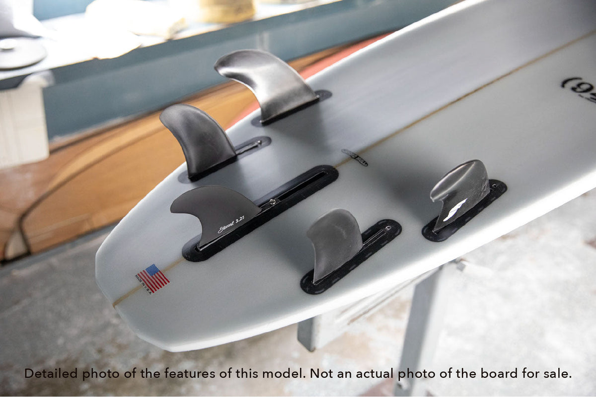 detail view of the fins inlcuded with a Stewart 949 midlength surfboard