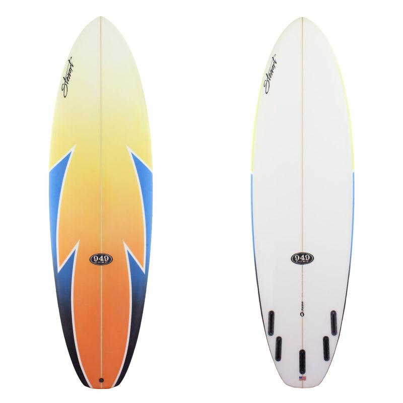 a 949c shortboard with a blue spears and orange and yellow fade