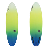 deck and bottom view of stewart 949 comp with blue, green, yellow fade on deck and bottom