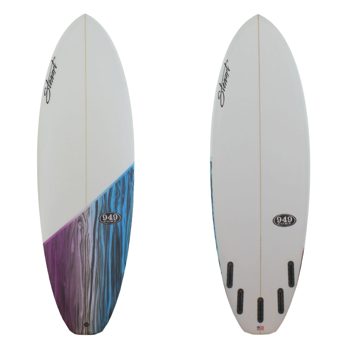 Deck and bottom view of a Stewart 949 comp shortboard with purple/blue/black swirl on deck and clear white bottom