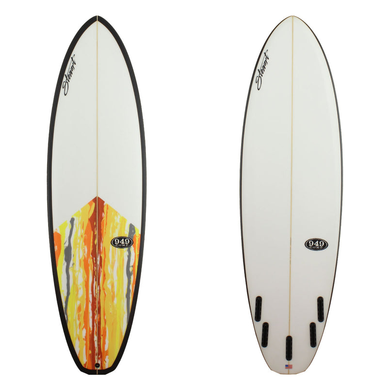 Deck and bottom view of a Stewart 949 comp short board with tail panel paint streaks