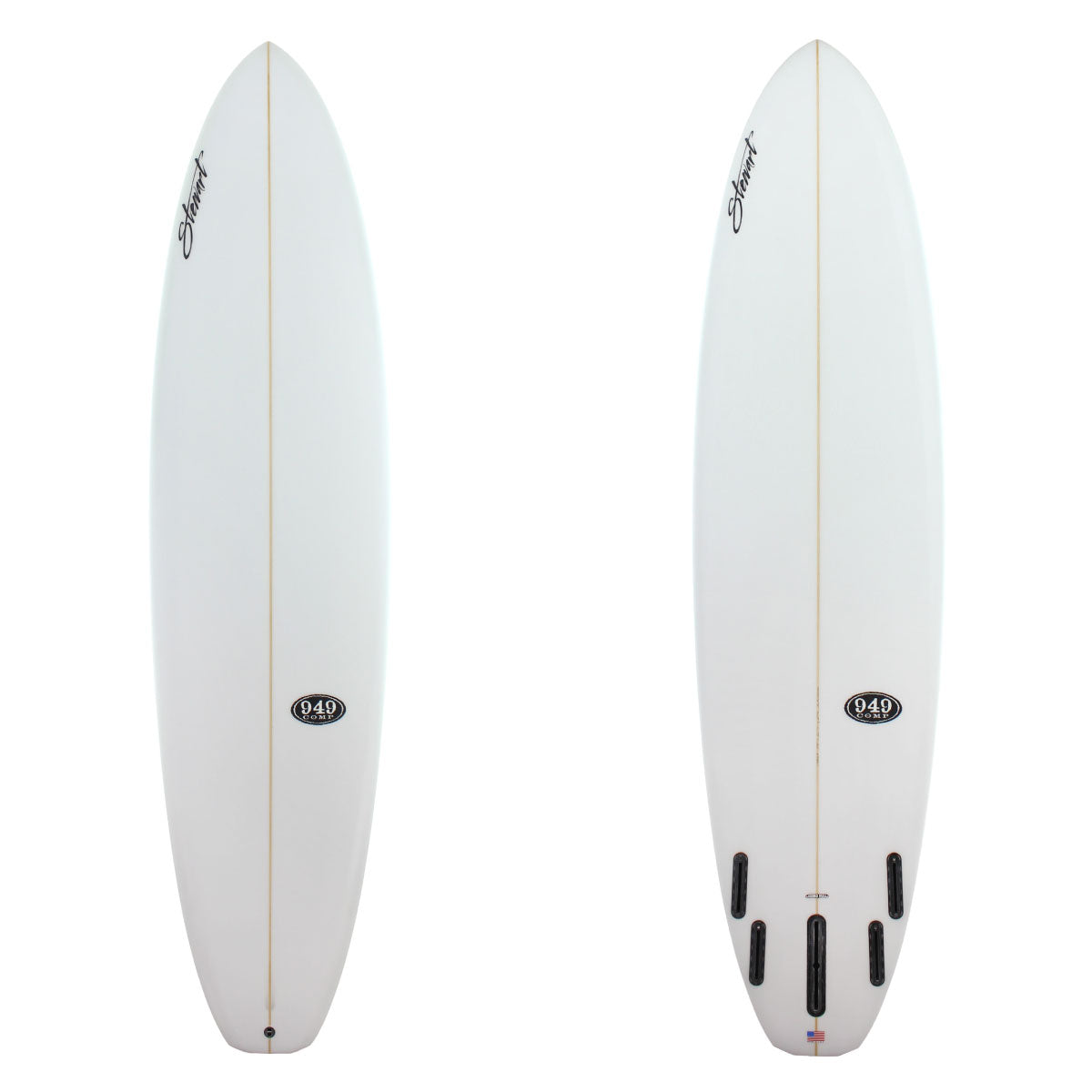 stewart 949c mid length surfboard with clear glassjob and black logos 
