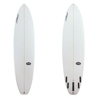 stewart 949c mid length surfboard with clear glassjob and black logos 