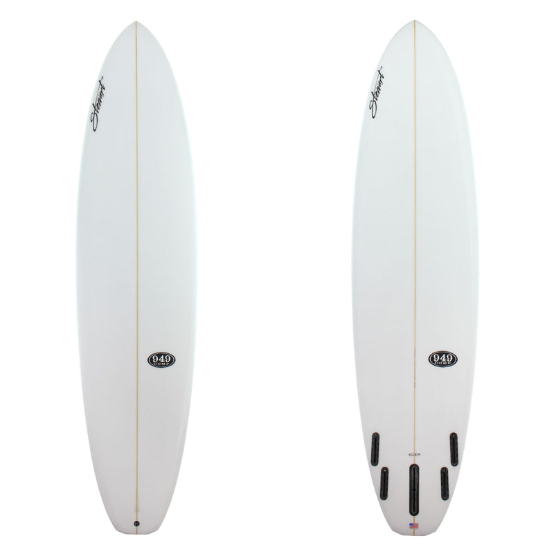 stewart 949c mid length surfboard with clear glassjob and black logos 