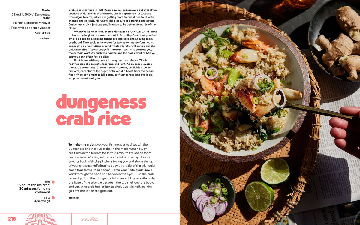 Recipe for dungeness crab rice with a bowl of rice and crab on a table.