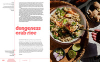 Recipe for dungeness crab rice with a bowl of rice and crab on a table.
