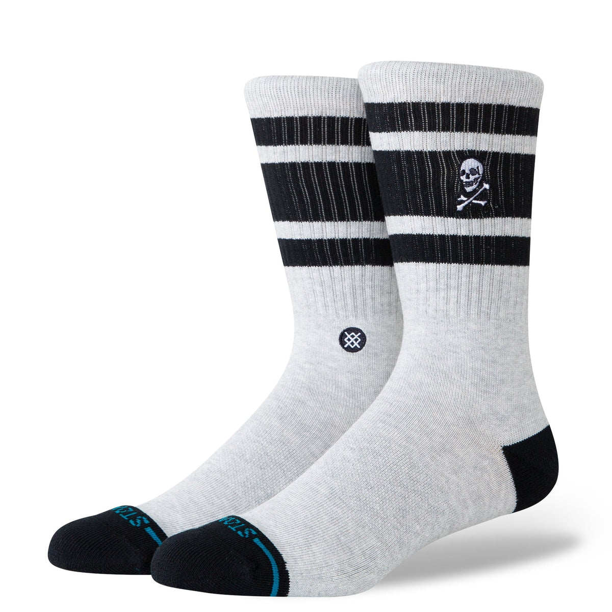 White socks with black stripes and skull design on a white background