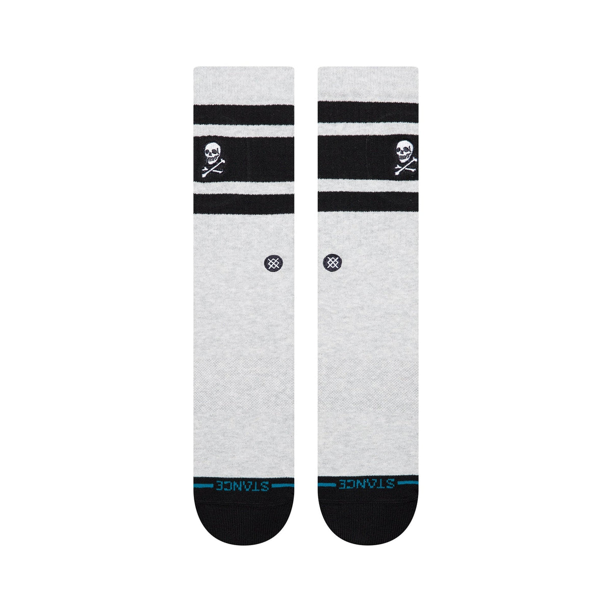 Pair of gray socks with black stripes and skull designs on a white background