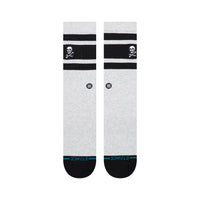 Pair of gray socks with black stripes and skull designs on a white background