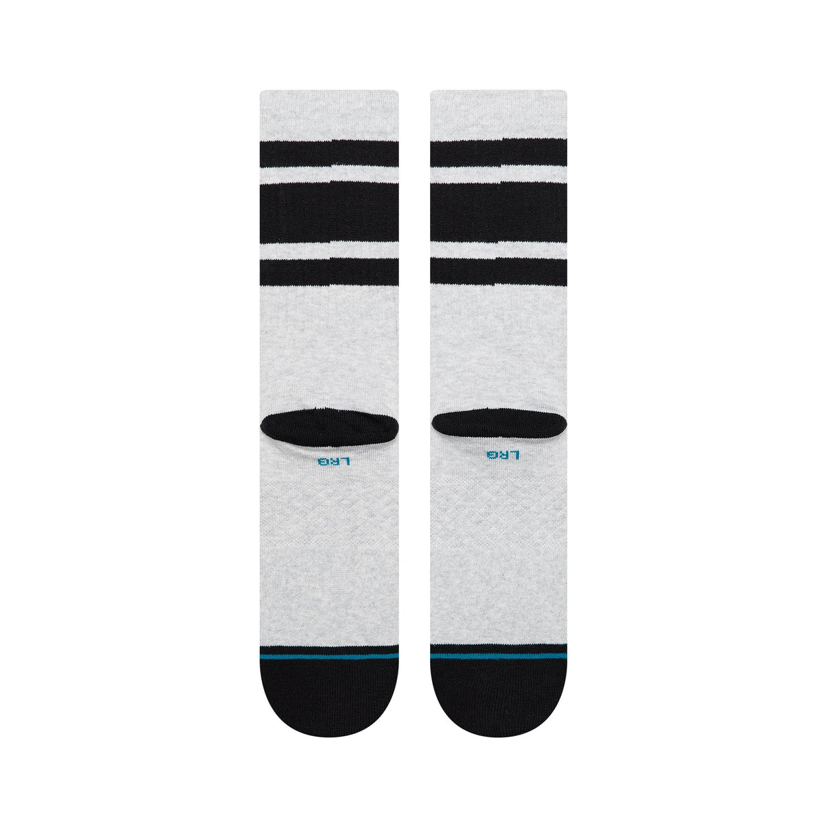 Pair of white socks with black stripes and blue accents on a white background