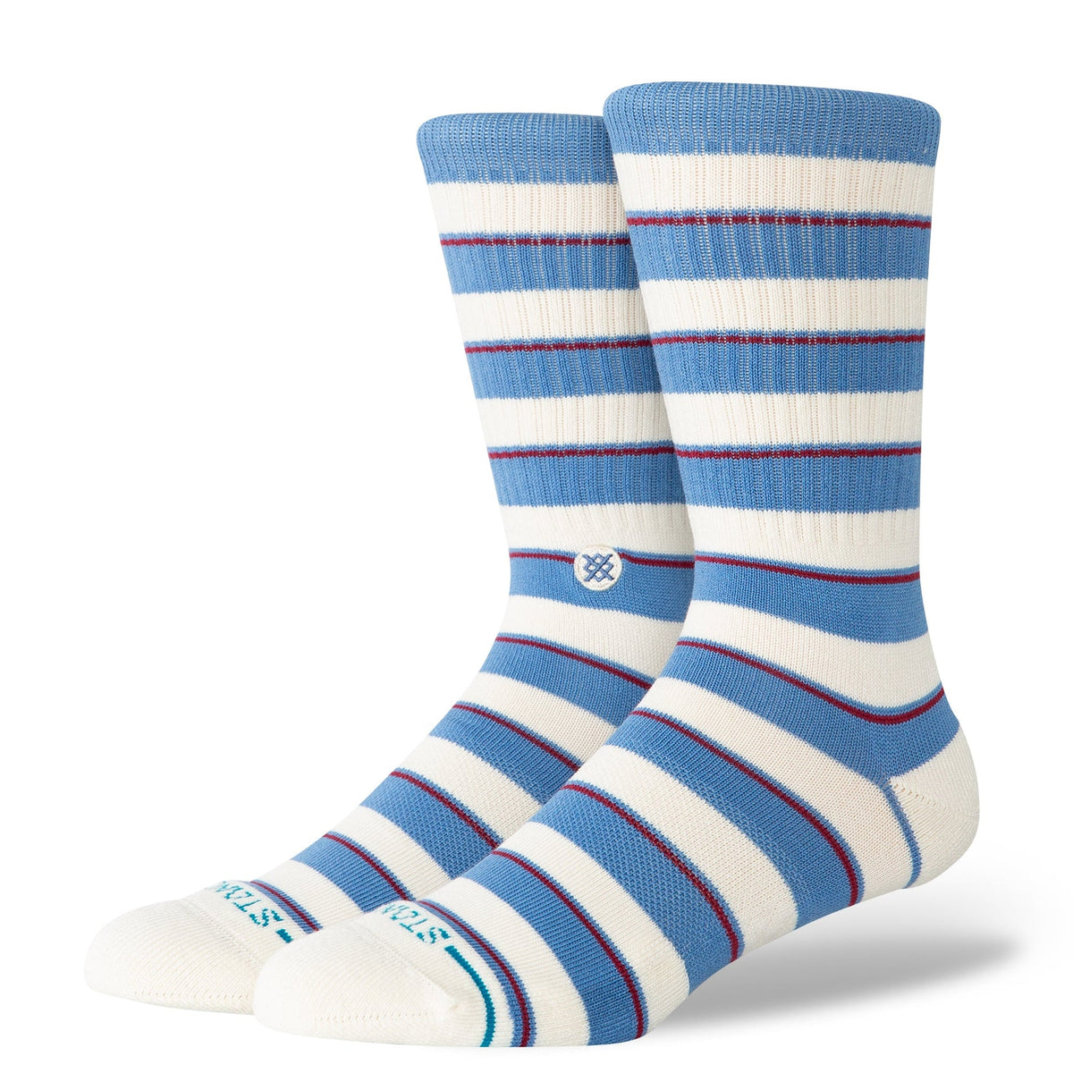 Pair of blue and white striped socks on a light gray background