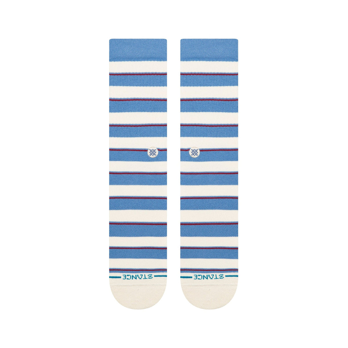 Pair of blue and white striped socks with brand logo on a white background