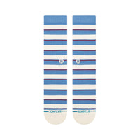 Pair of blue and white striped socks with brand logo on a white background