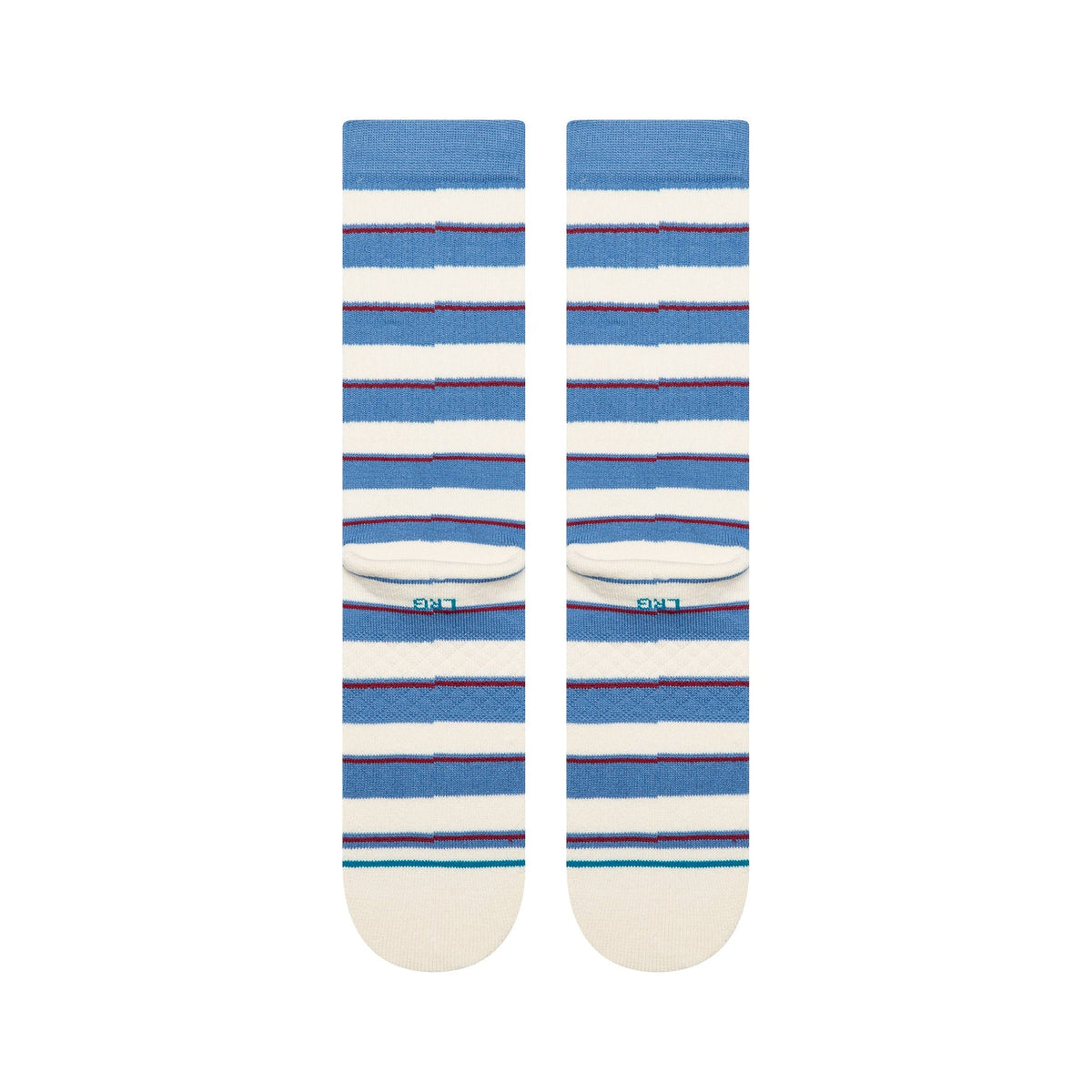 Pair of socks with blue and white striped pattern on a white background