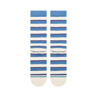 Pair of socks with blue and white striped pattern on a white background