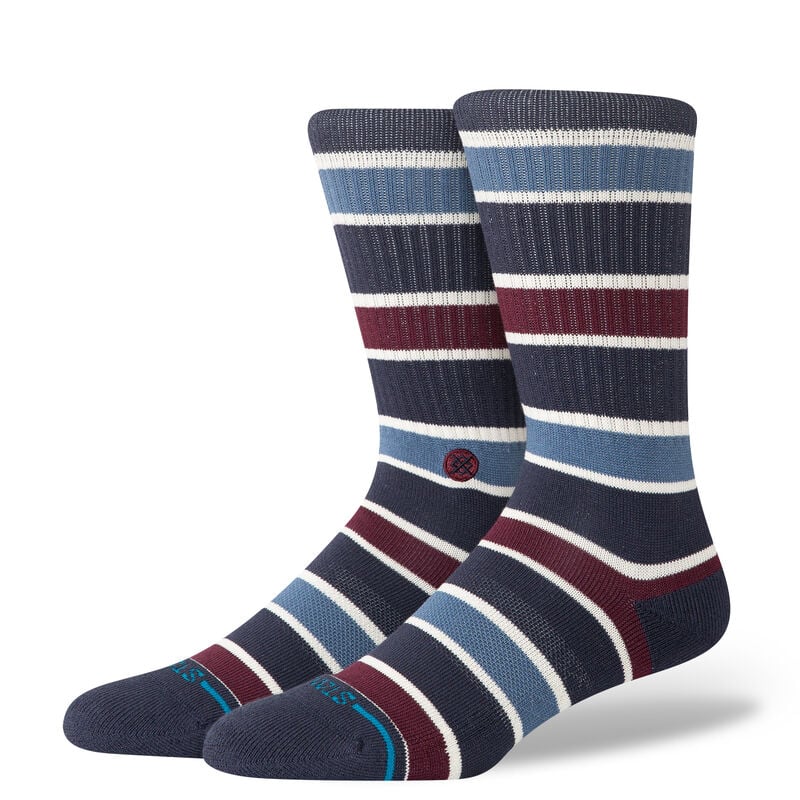 Stance socks. Pair of striped socks with blue, white, and burgundy colors on a white background