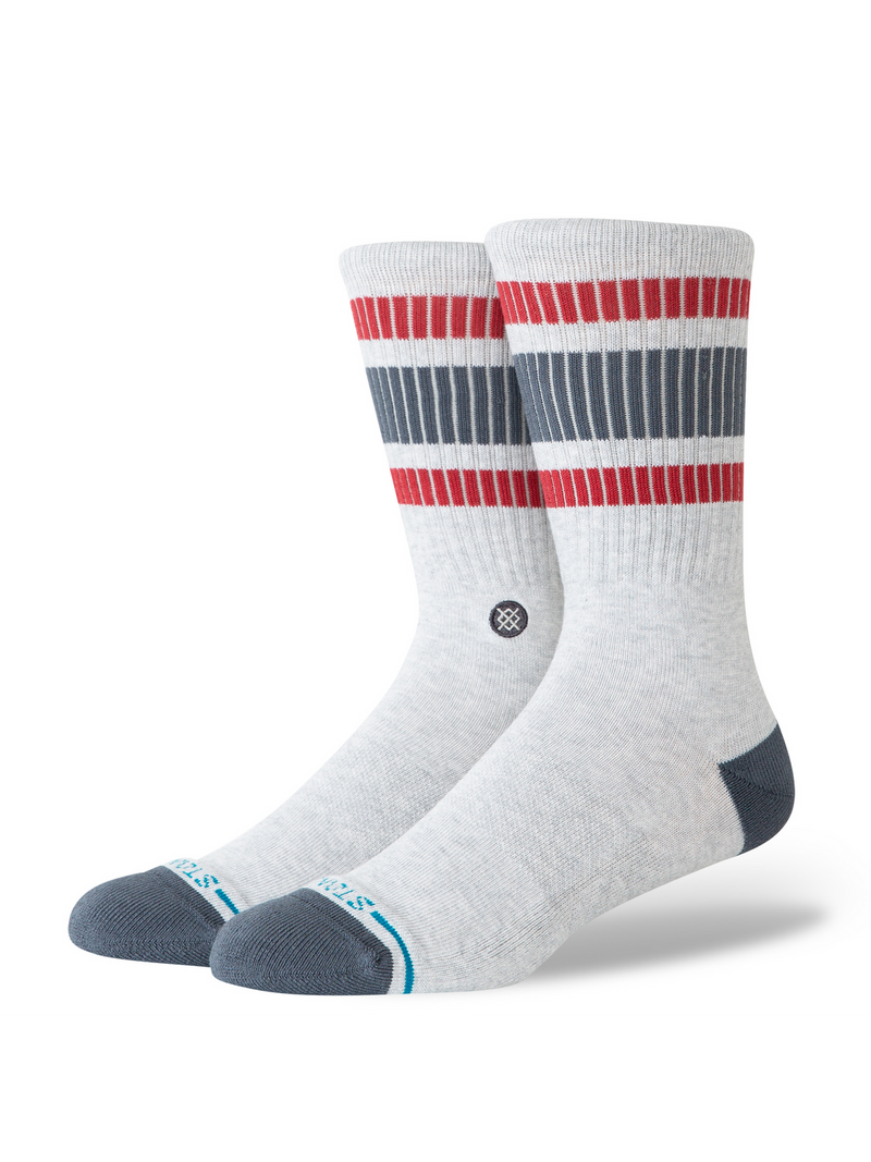 White socks with red and gray stripes on a white background
