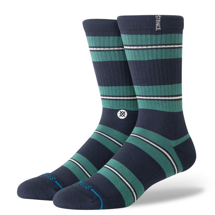 Pair of navy and green striped socks with a visible brand logo on a white background