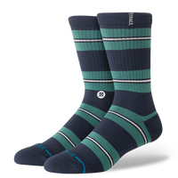 Pair of navy and green striped socks with a visible brand logo on a white background