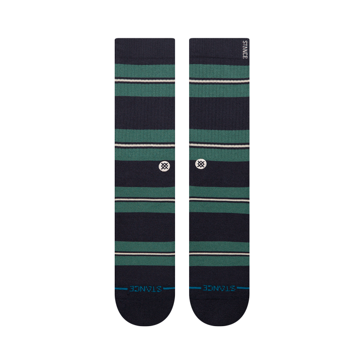Pair of black socks with green stripes on a white background