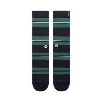 Pair of black socks with green stripes on a white background