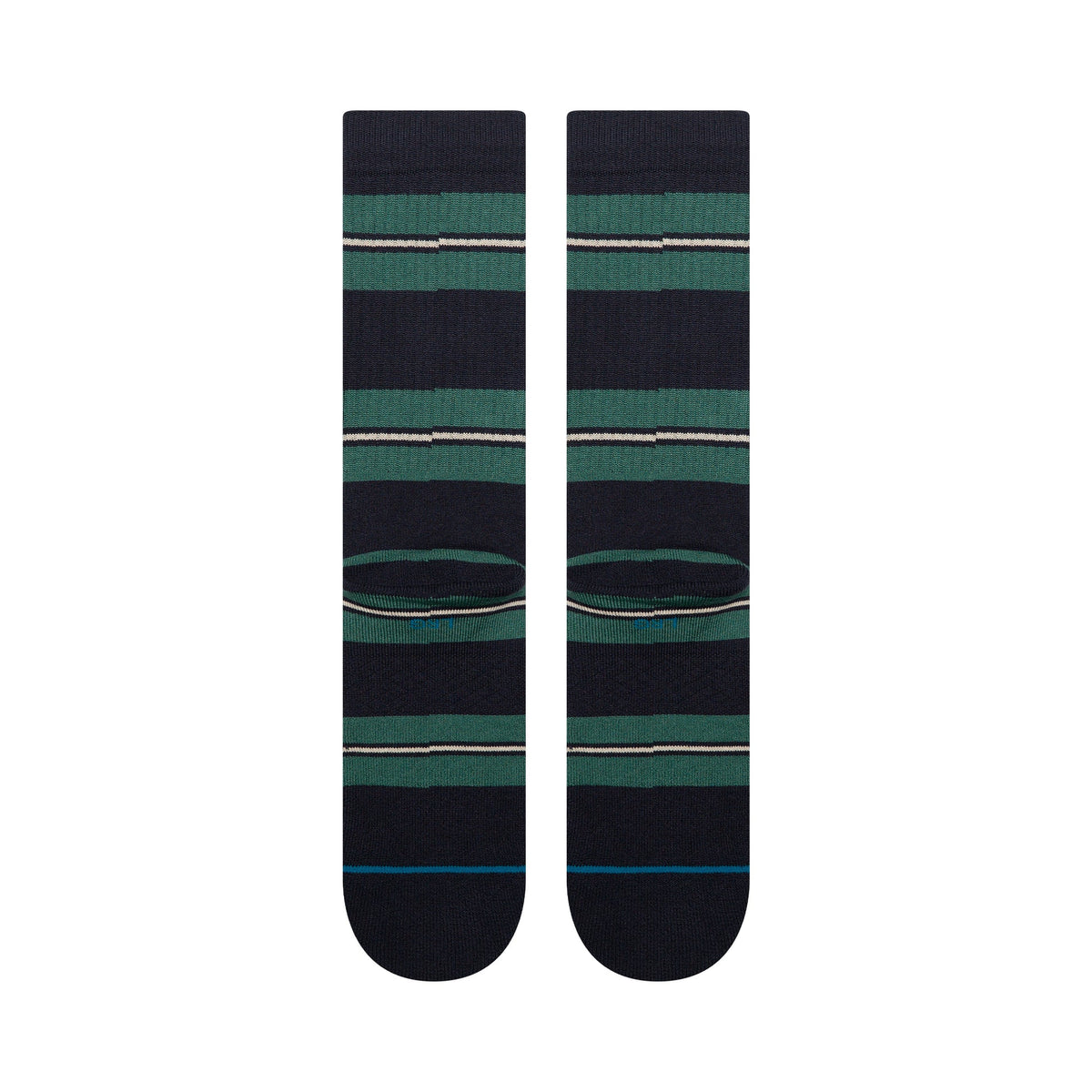 Pair of black socks with green and white striped pattern on a white background