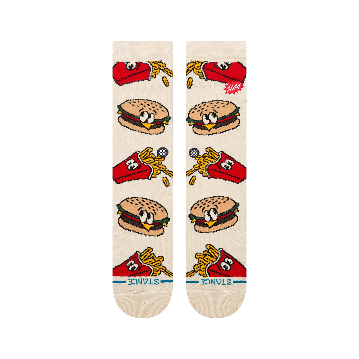 Beige socks with cartoon burgers and fries design on a white background